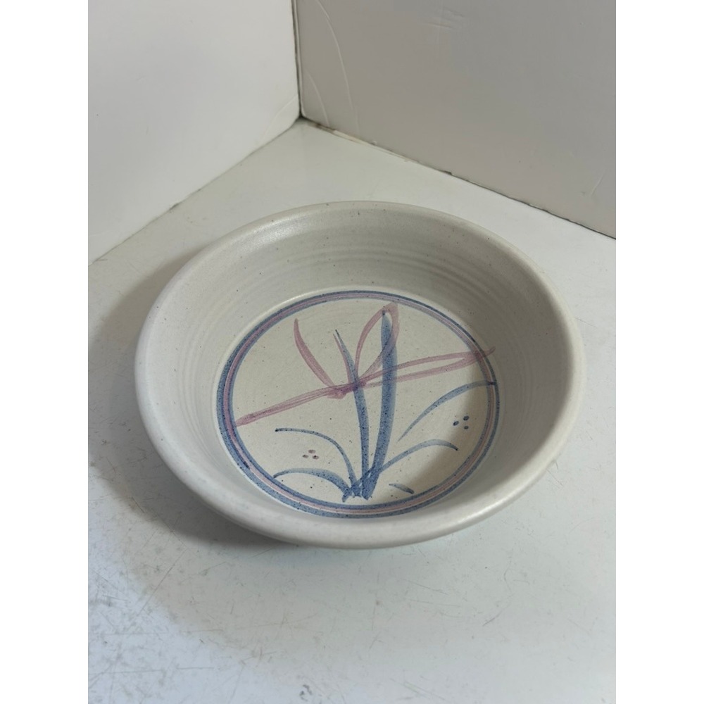 Studio‎ Pottery Stoneware Bowl Floral Blue Pink Hand Thrown Artisan 8.5"